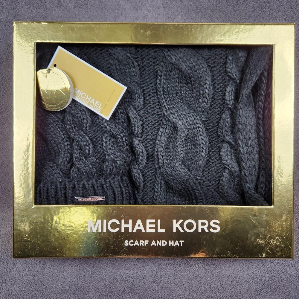 Michael Kors Scarf And Hat Set Womens One Size Black Cable Knit Acrylic Gift